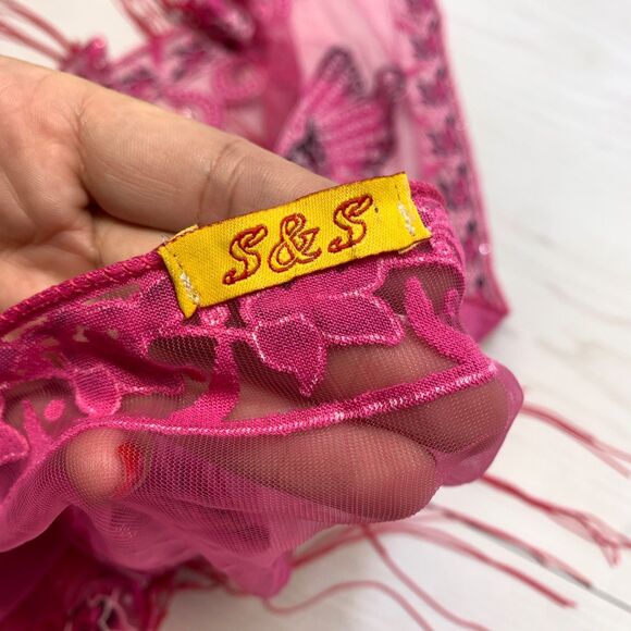 Women Pink Mesh Bikini Cover Up Sarong Skirt  Beach Pool Butterfly Fringe y2K - Picture 5 of 7